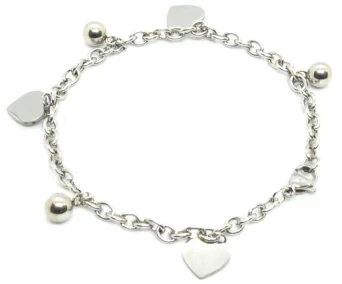 Pulsera de acero quirurgico eslabon tifani con dijes bolitas y corazon 18cm